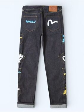 Evisu Black Straight-Leg Jeans with Blue and White Logos